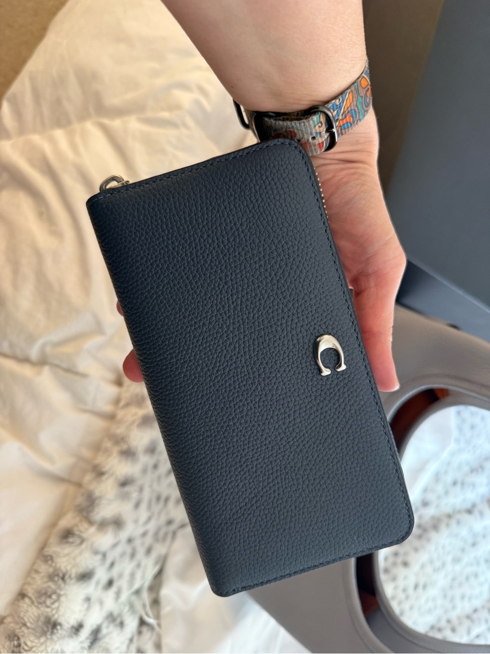 Coach Dark blue Pebbled Leather Zip Wallet with Silver Logo